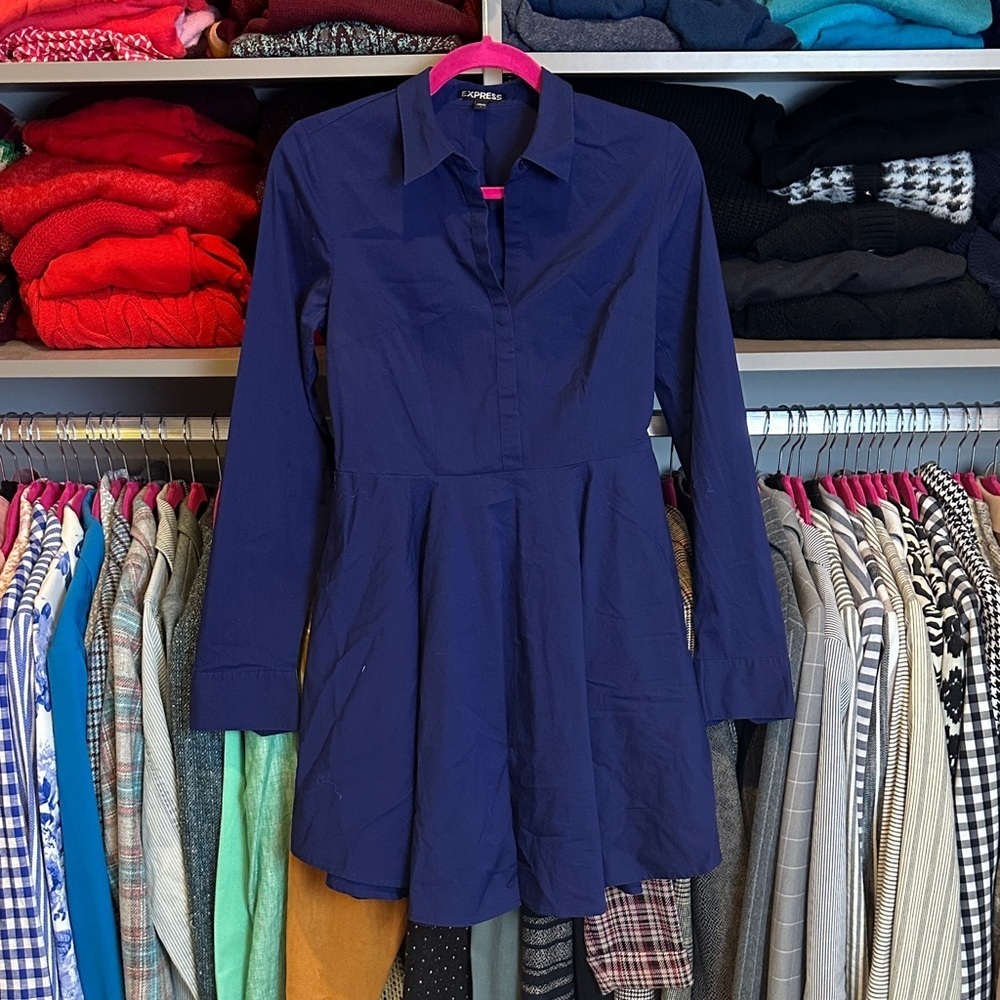 Express blue long sleeve button front side zipper closure dress size 4